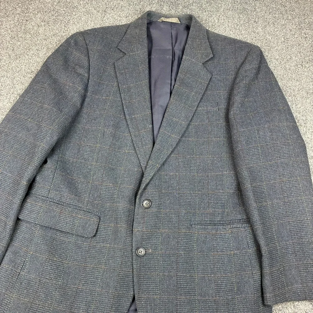 Haggar Mens Plaid Blazer Sport Coat Grey Blue Windowpane Two‎ Button Jacket 42